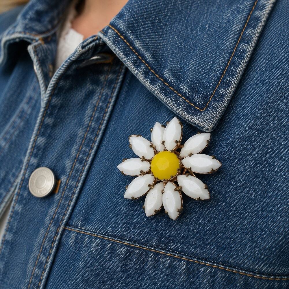 Vintage Daisy Flower Brooch White Milk Glass Yellow Center Gold Tone MCM Pin